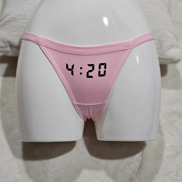 420 Thong | Pink Stretchy Black 4:20 Graphic Front Cotton XS-S - MaryJaneNite - Panties