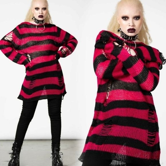 Mika Knit Sweater | Black / Rasberry Stripes Unisex Distressed Long - Killstar - Sweaters