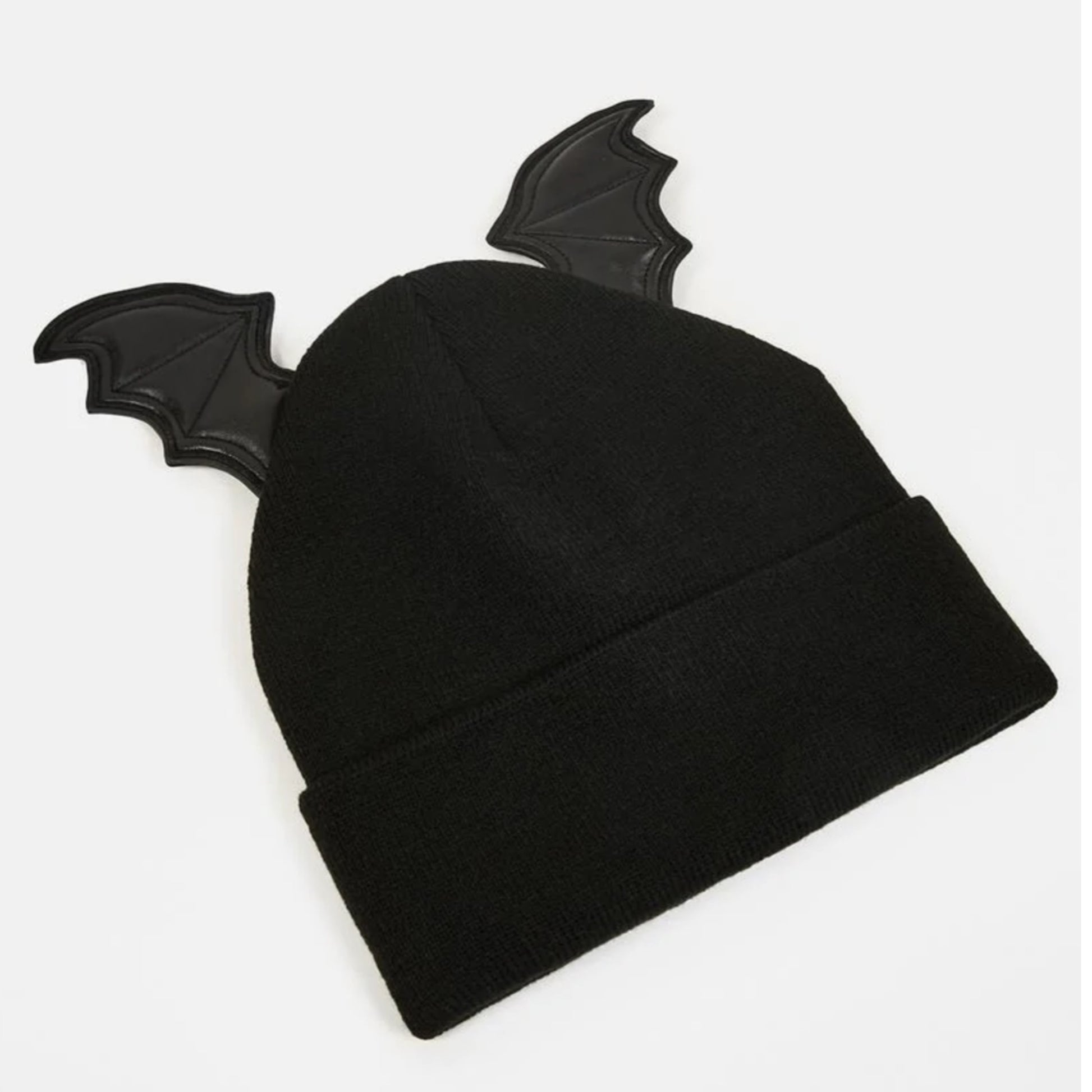 Bat Wing Beanie | Black Knit Folded Cuff Vegan Leather Wings - The Grave Girls - Beanies