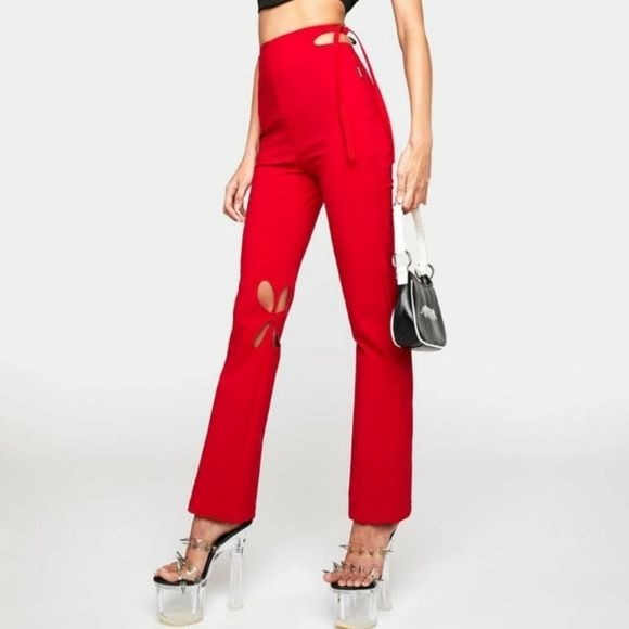 Holey Pray Cut Out Pants | Red Semi Flared Fit High Waisted Side Zip - Zemeta - Pants