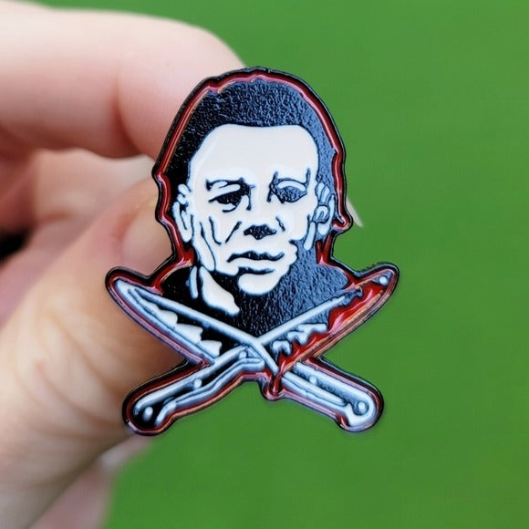 Metal Enamel Lapel Pin | Michael Myers Double Knives | Red & Black - A Gothic Universe - Lapel Pins