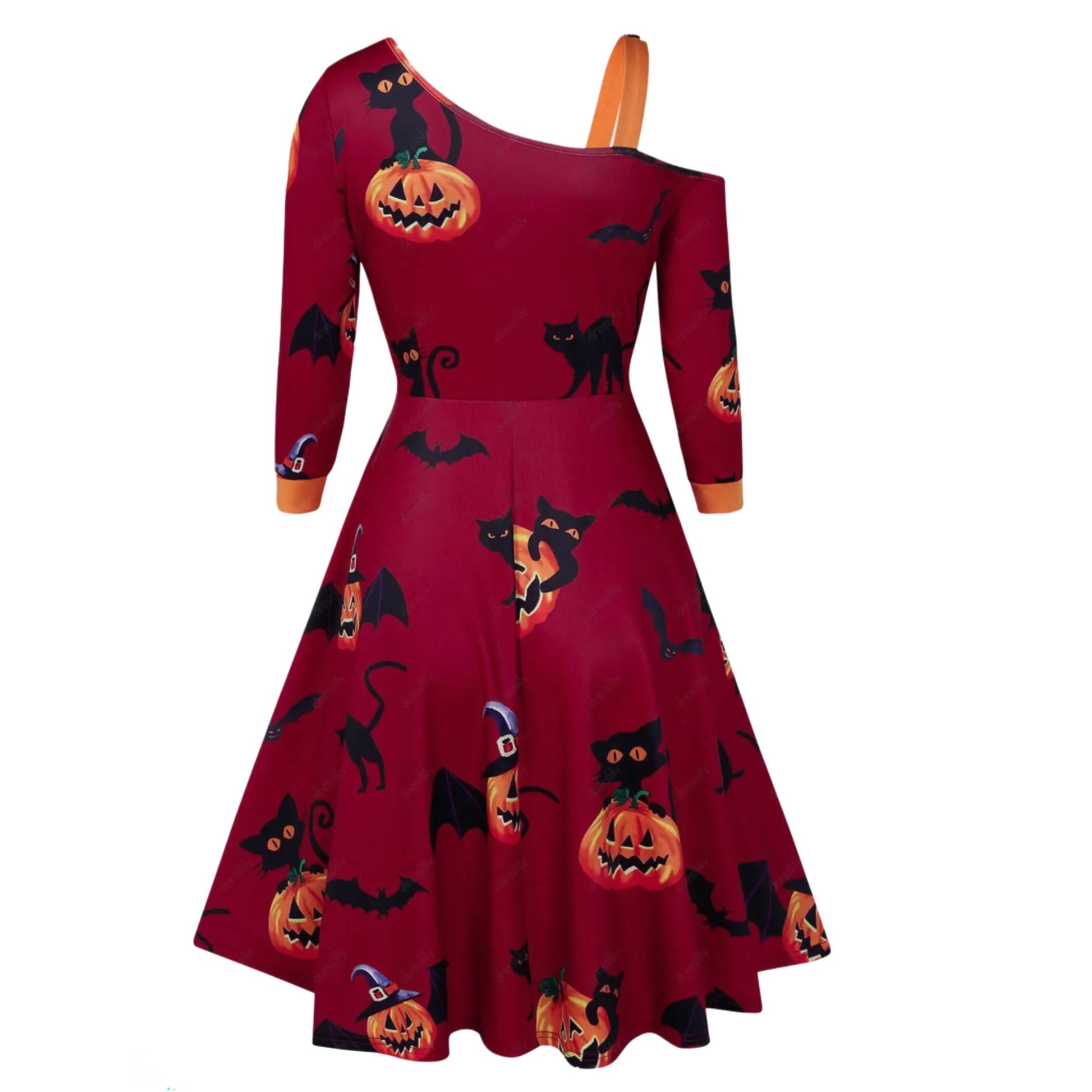 Vintage-Inspired Cat Print A-Line High Waist Dress One-Shoulder - A Gothic Universe - Dresses