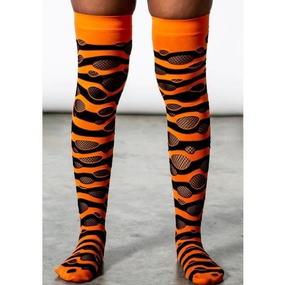 Wretched Soul Distressed Long Thigh High Socks | Black & Orange - Killstar - Thigh Highs