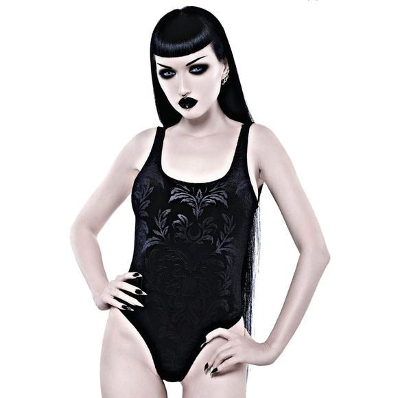 Low Back One-piece Swim Suit | Cthulhu | Black on Black Velvet - Killstar - Swimwear