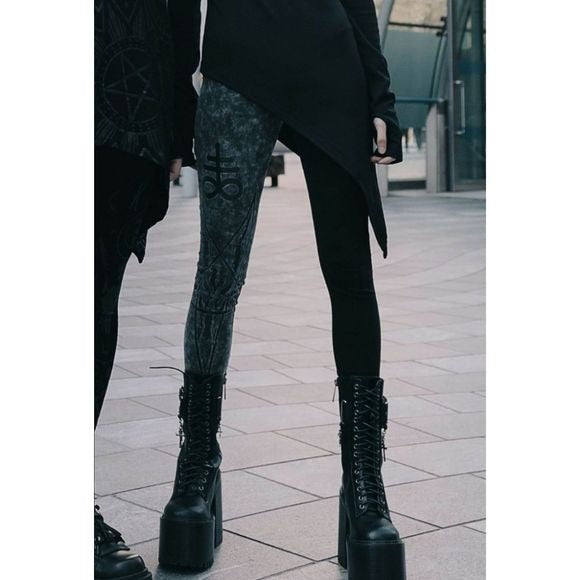 Two Faced Witch Leggings | Black with Contrasting Grey Stretchy Cotton - Killstar - Leggings