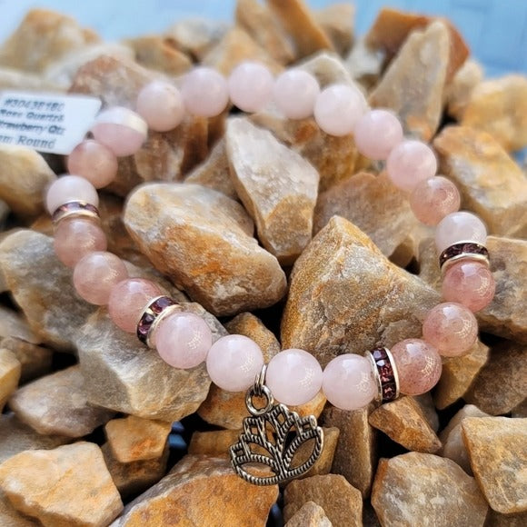 Strawberry Quartz & Rose Quartz Bracelet | "Lotus Flower" Black & Pinks - A Gothic Universe - Bracelets