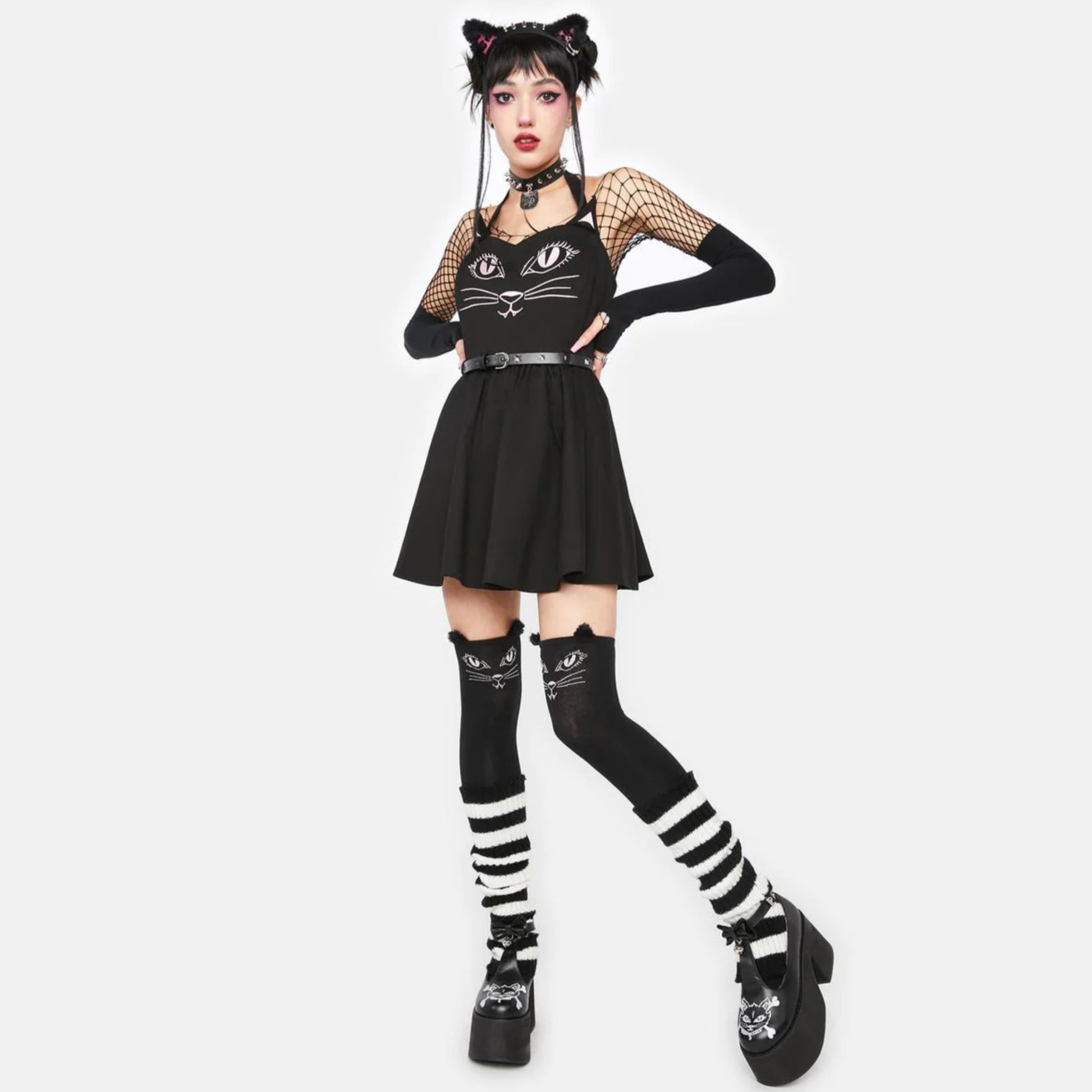 Black Kitty Mini Dress | Puffy Cat Ear Details Embroidered Cat Graphic & Studded Belt - The Grave Girls - Dresses