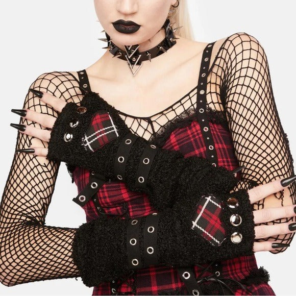 Punk Plaid Cat Claw Gloves | Black Red Wooly Construction Grommets - Dark In Love - Gloves