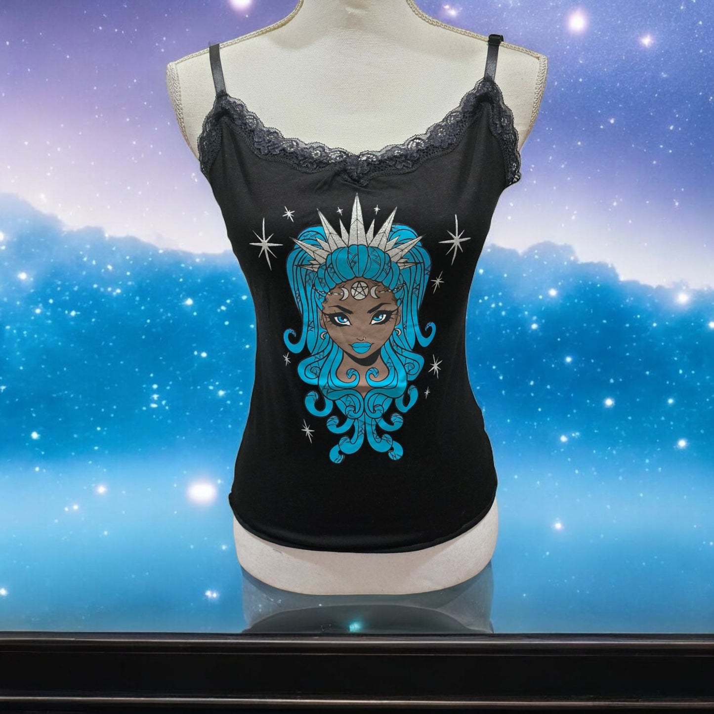 Black Lace Trim Camisole With A Mystical Goddess Graphic