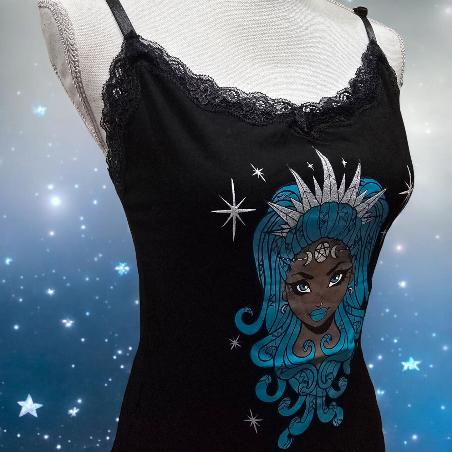 Black Lace Trim Camisole With A Mystical Goddess Graphic