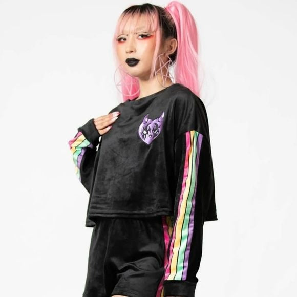 Mellow Velour Sweatshirt | Black Cropped Fit Embroidered Patch on Front - Killstar - Sweatshirts