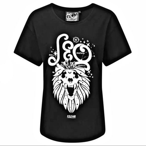 Leo Relaxed Top | Unisex Fit | Black Cotton One-Of-A-Kind Design Tee - Killstar - Shirts
