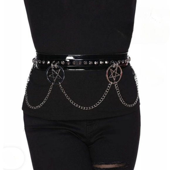 Curses Chain Belt | Black Vegan Leather Silver Hardware - Killstar - Belts