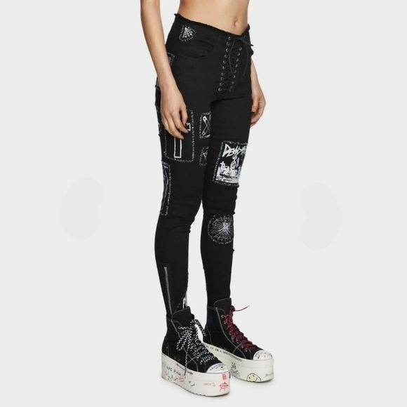 Stitch Bitch Lace-up Patch Jeans | Black Zip Ankles Goth/Punk Style - Current Mood - 