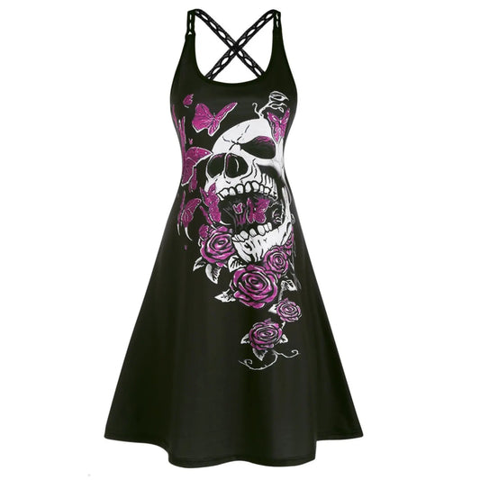 Skull Rose Print Gothic Mini Dress Cross Back Cut-Out Strap A Line - A Gothic Universe - Dresses