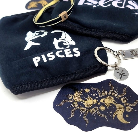 Pisces Zodiac | 2 Black Face Masks Hair Charm Tie Keychain 3 Foil Sticker - A Gothic Universe - Accessories