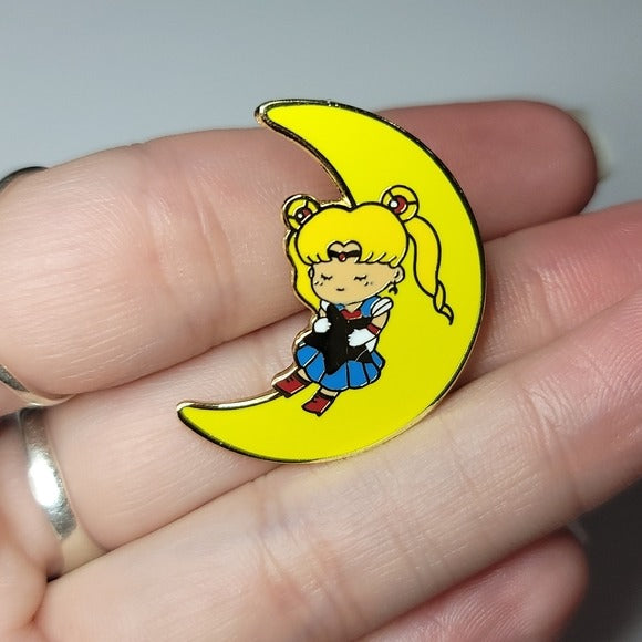 Enamel Lapel Pin | Japanese | Little Sailor Moon Resting w/ The Moon Kawaii - A Gothic Universe - Lapel Pins