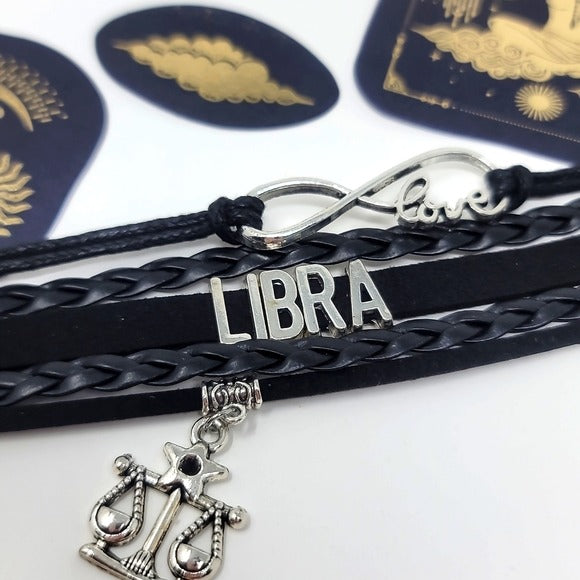 Libra Black Leather Bracelet | Silver Charms Braided 3 Balance Foil Stickers - A Gothic Universe - Bracelets
