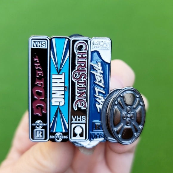 Metal Enamel Lapel Pin | Classic Horror Movies VHS Tapes | Black & Blue - A Gothic Universe - Lapel Pins