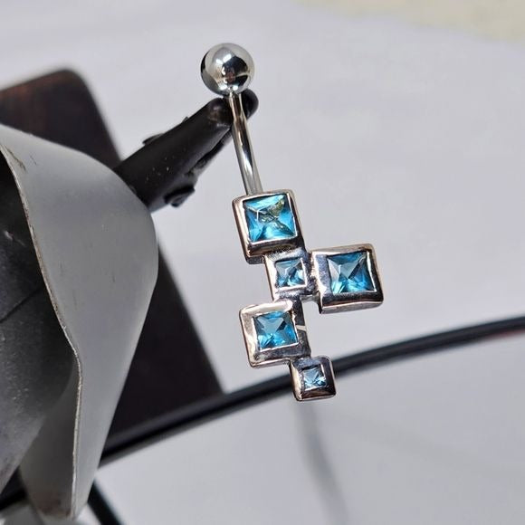 Body Jewelry | Blue Topaz Square Shaped Dangle 925 Navel Ring - Painful Pleasures - Navel Rings