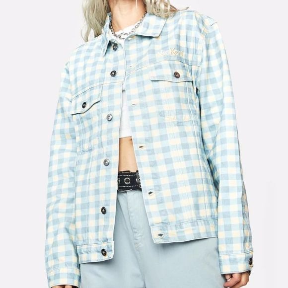 Kickers Women's Gingham Classic Denim Button Down Jacket in Blue Front Pockets - Kickers - Coats