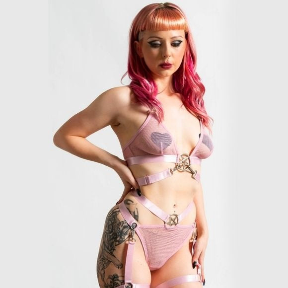 Hell Kitty Fishnet Pastel Pink Lingerie Set | Posses Me Gloves Too - Killstar - Lingerie