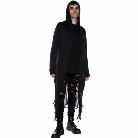 Freak Like Me Open Cardigan | Black Knit HOODED Floor-length Fringe - Killstar - Jackets