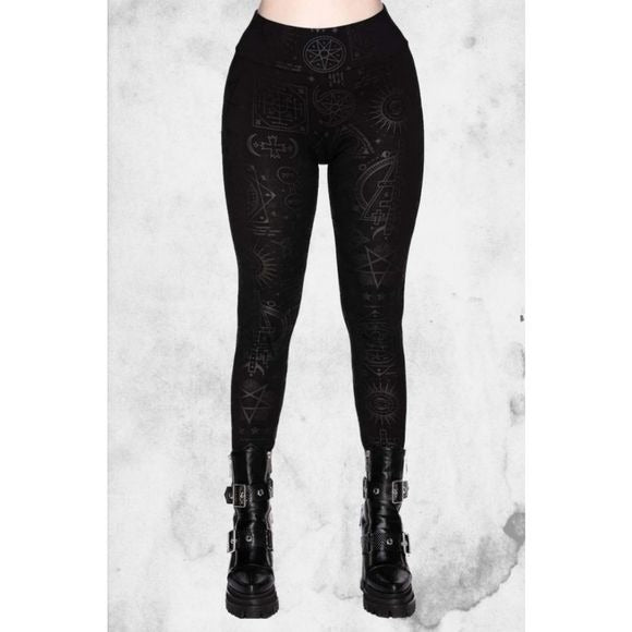 Telepathic Leggings | Black on Black Print Wide Waistband Stretchy Soft - Killstar - Leggings