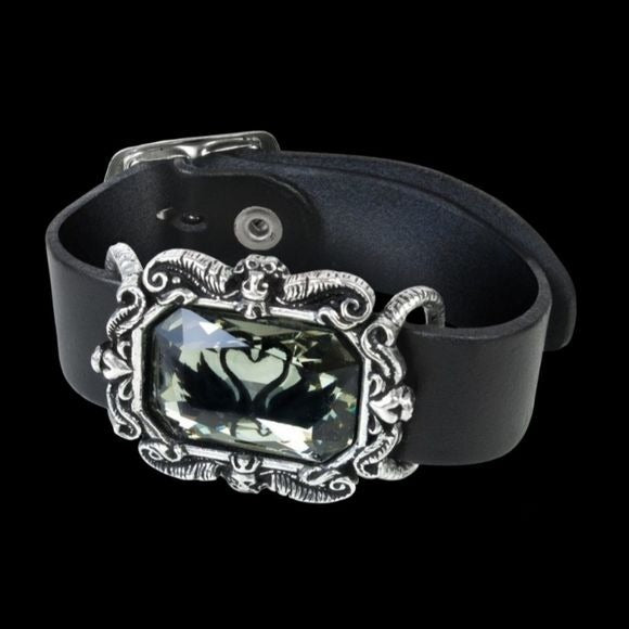 Black Swans Wriststrap | Leather Large Swarovski Crystal - Alchemy Gothic - Bracelets