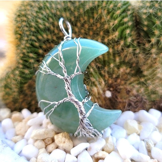 Green Aventurine Necklace | Polished Moon Shape Wire Wrapped Tree - A Gothic Universe - Necklaces