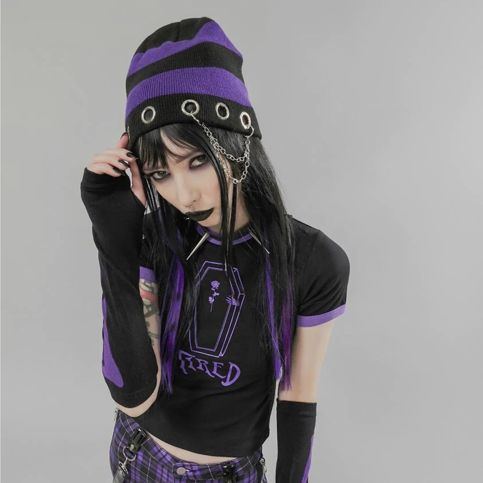 Punk Striped Beanie | Black Purple Silver Eyelets With Chain Strap - Widow - Beanies