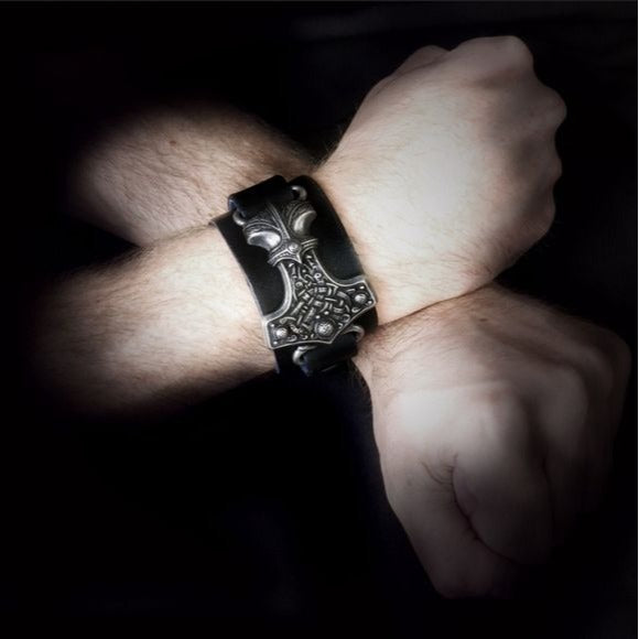 Thunderhammer Bracelet | Black Leather Vikings - Alchemy Metal-Wear - Bracelets