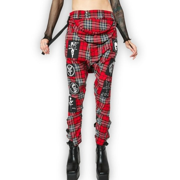 Hot Tartan Patch Clip Pants | Red & Black Plain Low Rise Waist - Long Clothing - Pants