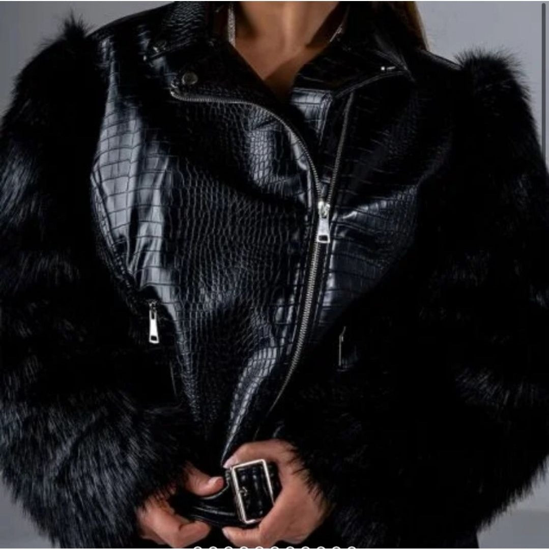 Kaylee Kollection Lafert Fur Sleeve Front Zip Moto Jacket - Kaylee Kollection - Jackets