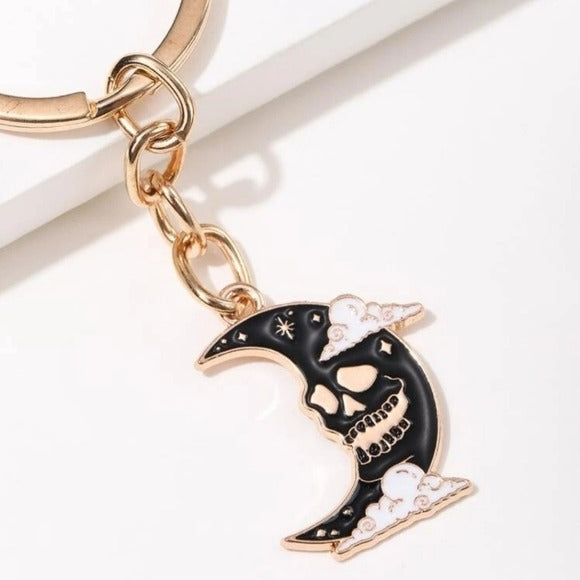 Gothic Crescent Moon Keychain |  Decorative • Gold • Black • White Clouds - A Gothic Universe - Accessories