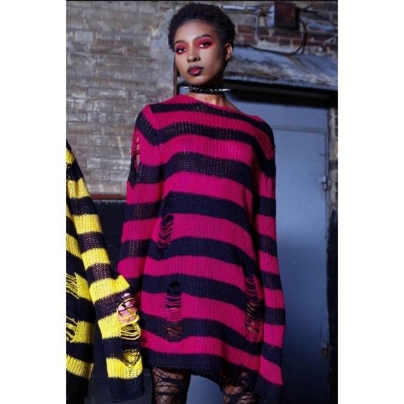 Mika Knit Sweater | Black / Rasberry Stripes Unisex Distressed Long - Killstar - Sweaters