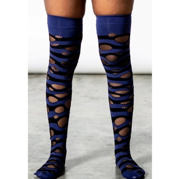 Wretched Soul Distressed Long Thigh High Socks | Black & Midnight - Killstar - Thigh Highs