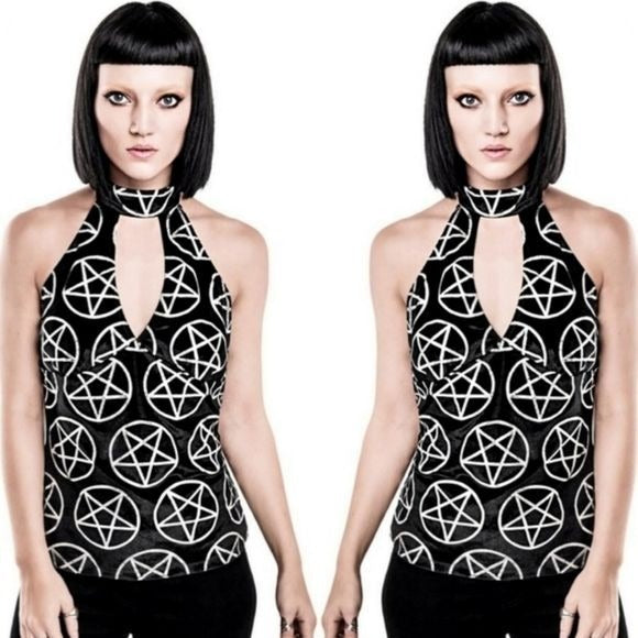 Luxe Velvet Blouse | Venom On Edge |  T-Back Halter Pentagram Top - Killstar - Blouses