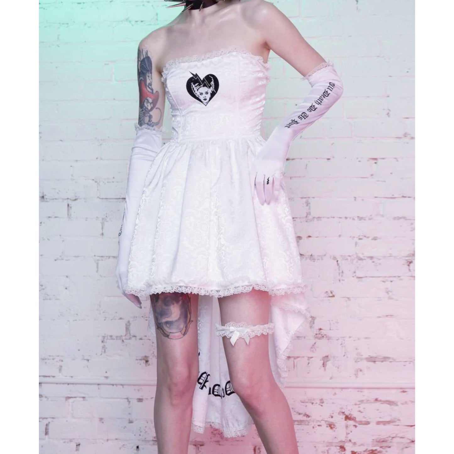 Brocade Print Costume Set | Death Do Us Part | White Strapless High-low Dress Set - Universal Monsters - Dresses