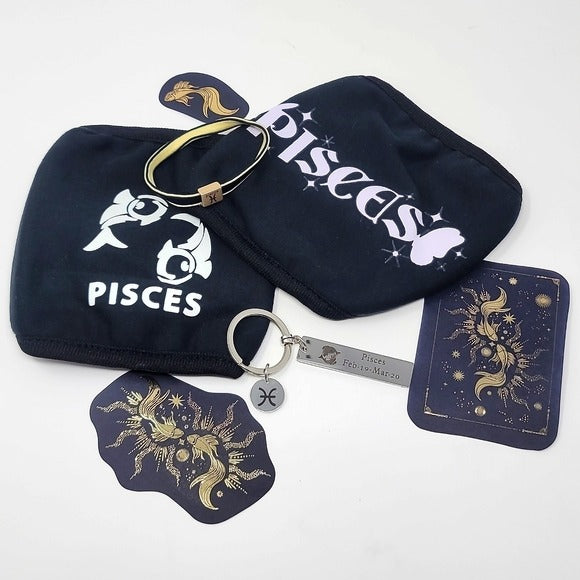 Pisces Zodiac | 2 Black Face Masks Hair Charm Tie Keychain 3 Foil Sticker - A Gothic Universe - Accessories