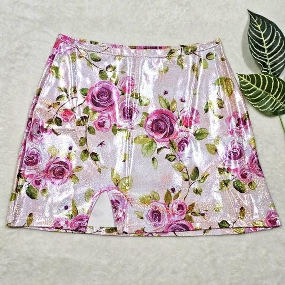 Pink Rose Mini Skirt | Bodycon High Waisted w/ Stretch S - Treasure The Funk - Mini Skirts