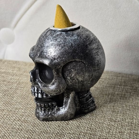 Novelty Skull Backflow Incense Burner | Antiqued Cracked Silver Acrylic - A Gothic Universe - Incense Burner