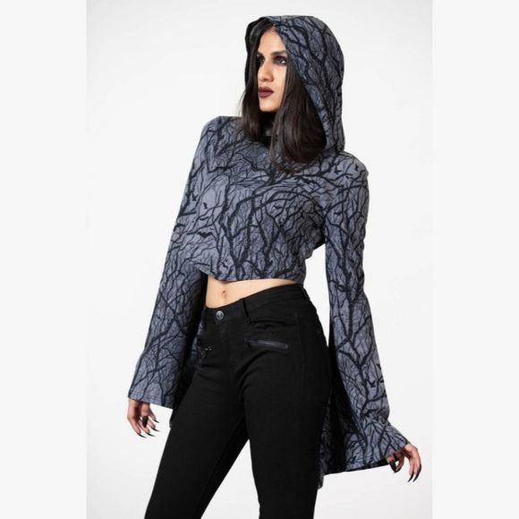 Hex Moon Long Flare Sleeve Cropped Hoodie | Black Soft Cotton - Killstar - Hoodies