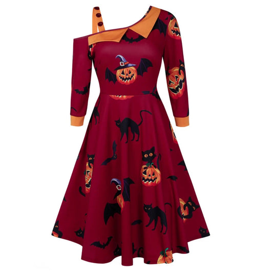 Vintage-Inspired Cat Print A-Line High Waist Dress One-Shoulder - A Gothic Universe - Dresses