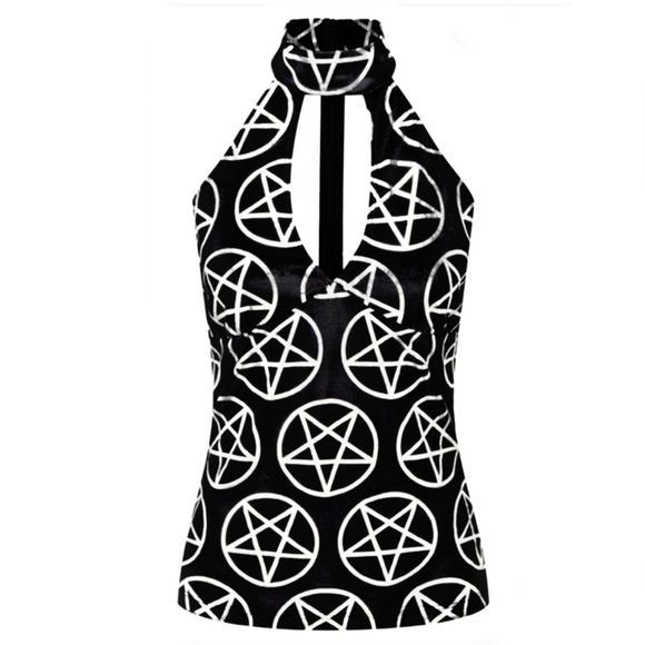 Luxe Velvet Blouse | Venom On Edge |  T-Back Halter Pentagram Top - Killstar - Blouses