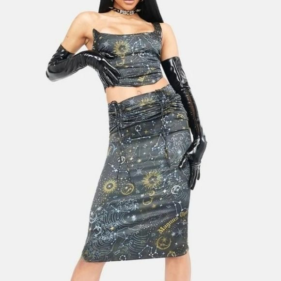 Guide My Life Constellation Print Skirt Set | Corset One Shoulder Top - HOROSCOPEZ - 