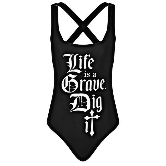 Strappy One-piece Swim Suit | Grave | Gothic Black Pentacle Strap Back Detail - Killstar - Swimwear