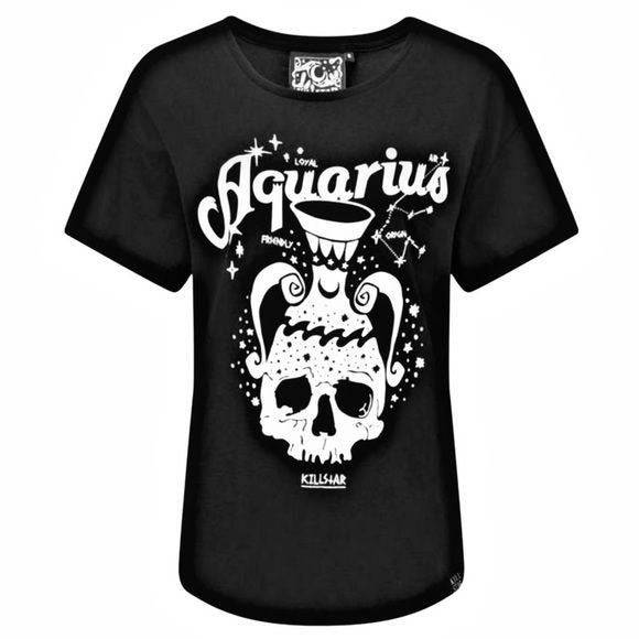 Aquarius Relaxed Top | Unisex Fit | Black Cotton One-Of-A-Kind Design Tee - Killstar - Shirts
