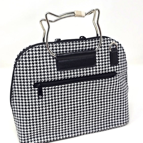 Dixie Handbag | Black White Houndstooth Pattern Metal Cat Straps - Lost Queen - Crossbody Bag