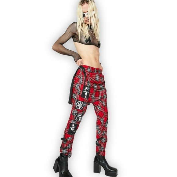 Hot Tartan Patch Clip Pants | Red & Black Plain Low Rise Waist - Long Clothing - Pants